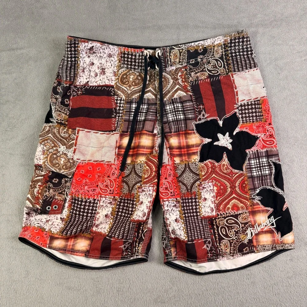 Billabong Mens Patchwork Board Shorts Paisley Plaid Floral Red Black Size 38